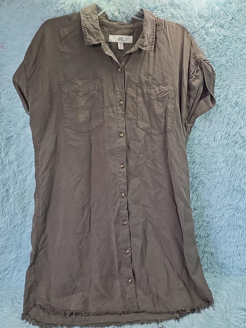 Thread & Supply Raw Hem Tencel Button Down Shirt Dress Khaki Green Size L